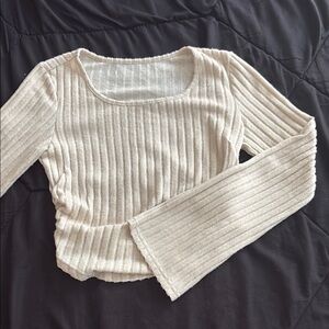 Cream Ribbed Long Sleeve Top